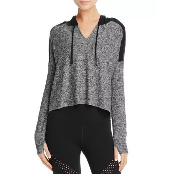 NEW Beyond Yoga S Cut Run Cropped Hoodie Pullover Black Spacedye Gray Drawstring - Picture 3 of 12